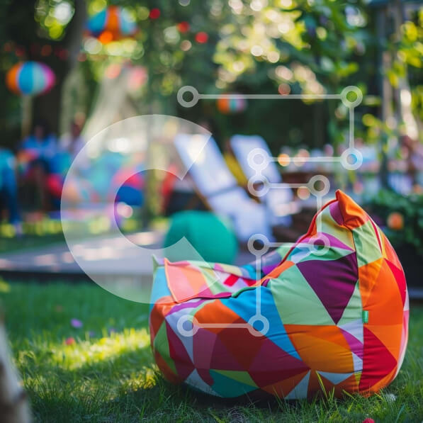 Intra Συλλεκτικό Ξύλινο Παζλ Plywood  4mm - Πολύχρωμη καρέκλα Bean Bag σε εξωτερικό περιβάλλον Σε Ξύλινο Κουτί - Διαστάσεις Puzzle: 10x10 cm – 25 κομμάτια