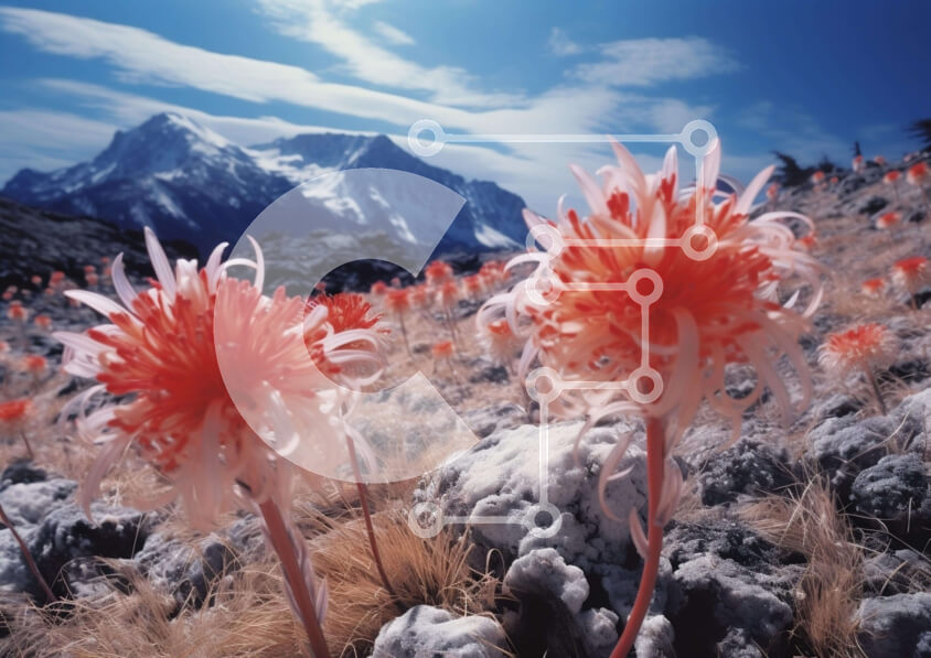 Intra Συλλεκτικό Ξύλινο Παζλ Plywood  4mm - Πεδίο ροζ λουλουδιών και πορτοκαλί οροσειρά Σε Ξύλινο Κουτί - Διαστάσεις: 10x10 cm – 25 κομμάτια