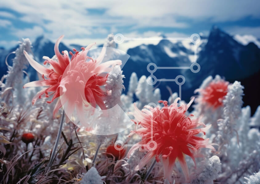 Intra Συλλεκτικό Ξύλινο Παζλ Plywood  4mm - Ροζ λουλούδια σε ένα χωράφι με χιονισμένα βουνά Σε Ξύλινο Κουτί - Διαστάσεις: 10x10 cm – 25 κομμάτια