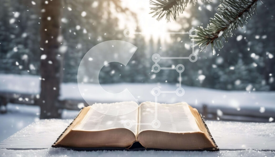 Intra Συλλεκτικό Ξύλινο Παζλ Plywood  4mm - Ανοιχτή Βίβλος σε ξύλινο τραπέζι σε χιονισμένο τοπίο Σε Ξύλινο Κουτί - Διαστάσεις Puzzle: 10x10 cm – 25 κομμάτια