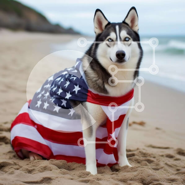 Intra Συλλεκτικό Ξύλινο Παζλ Plywood  4mm - Σκύλος γεροδεμένος με στολή αμερικανικής σημαίας στην παραλία Σε Ξύλινο Κουτί - Διαστάσεις: 10x10 cm – 25 κομμάτια