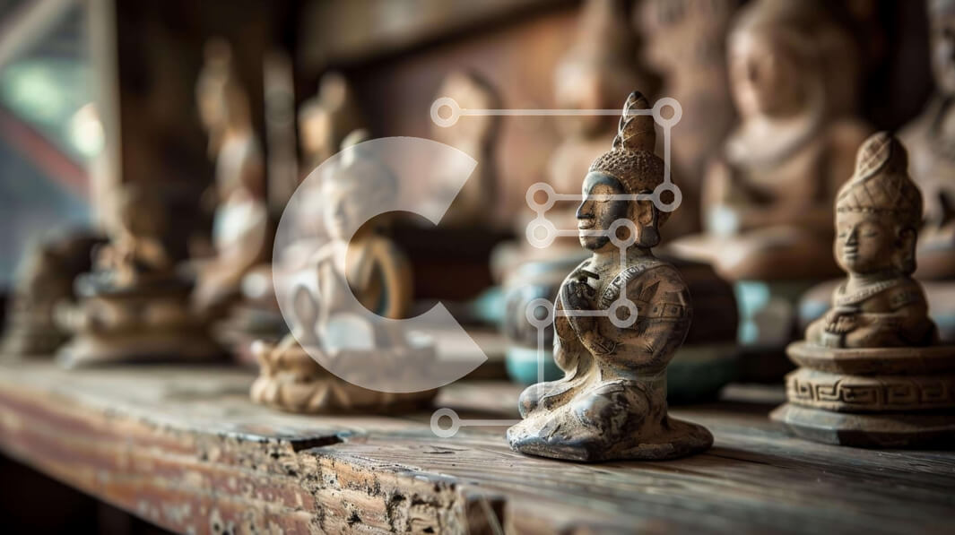 Intra Συλλεκτικό Ξύλινο Παζλ Plywood  4mm - Ξύλινα αγάλματα του Βούδα σε αντίκες ξύλινο ράφι Σε Ξύλινο Κουτί - Διαστάσεις: 10x10 cm – 25 κομμάτια