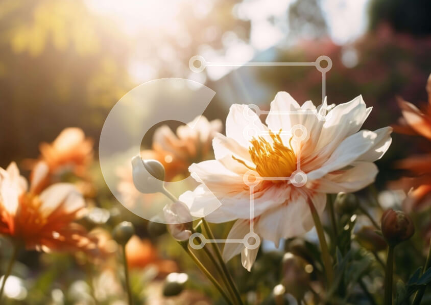 Intra Συλλεκτικό Ξύλινο Παζλ Plywood  4mm - Ηλιόλουστος κήπος με ανθισμένα λευκά και πορτοκαλί λουλούδια Σε Ξύλινο Κουτί - Διαστάσεις: 10x10 cm – 25 κομμάτια