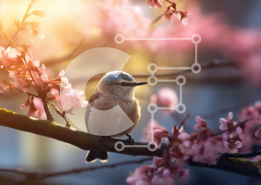 Intra Συλλεκτικό Ξύλινο Παζλ Plywood  4mm - Μικρό πουλί στο κλαδί του ροζ ανθισμένου δέντρου Σε Ξύλινο Κουτί - Διαστάσεις: 10x10 cm – 25 κομμάτια