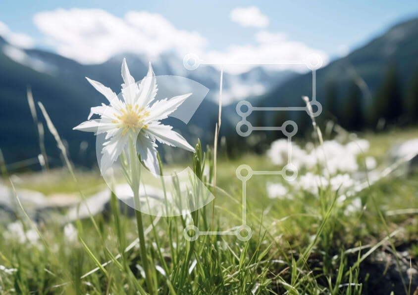 Intra Συλλεκτικό Ξύλινο Παζλ Plywood  4mm - Λευκό λουλούδι στο χορταριασμένο λιβάδι με θέα στο βουνό Σε Ξύλινο Κουτί - Διαστάσεις: 10x10 cm – 25 κομμάτια