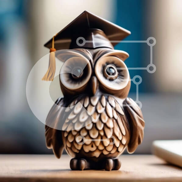 Intra Συλλεκτικό Ξύλινο Παζλ Plywood  4mm - Ειδώλιο κουκουβάγιας με καπάκι αποφοίτησης σε ξύλινο τραπέζι με κινητό τηλέφωνο Σε Ξύλινο Κουτί - Διαστάσεις Puzzle: 10x10 cm – 25 κομμάτια