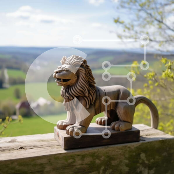 Intra Συλλεκτικό Ξύλινο Παζλ Plywood  4mm - Ξύλινο άγαλμα λιονταριών μπροστά από το πράσινο πεδίο Σε Ξύλινο Κουτί - Διαστάσεις: 10x10 cm – 25 κομμάτια