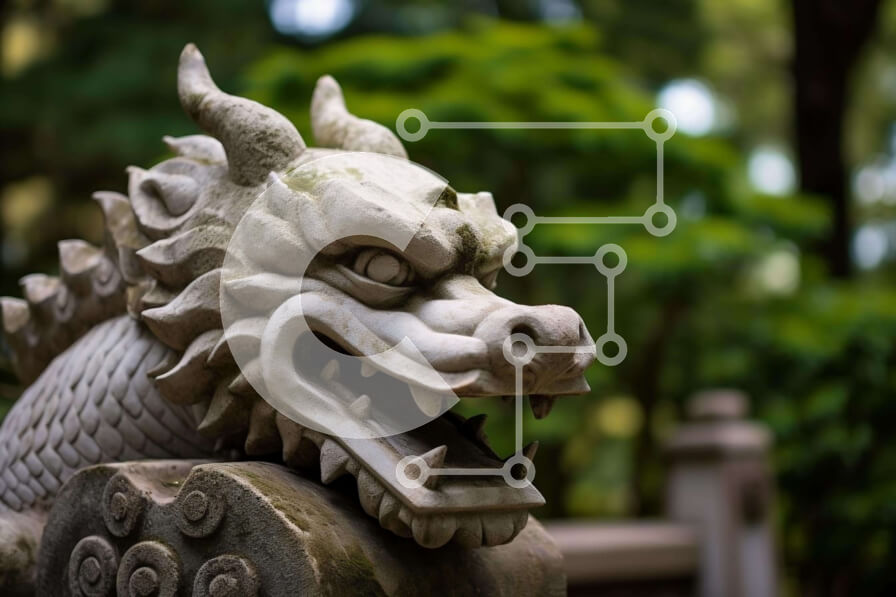 Intra Συλλεκτικό Ξύλινο Παζλ Plywood  4mm - Άγαλμα Άσπρου Πέτρινου Δράκου στον κήπο Σε Ξύλινο Κουτί - Διαστάσεις Puzzle: 10x10 cm – 25 κομμάτια