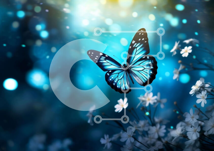 Intra Συλλεκτικό Ξύλινο Παζλ Plywood  4mm - Μπλε πεταλούδα που πετά πάνω από τα λευκά λουλούδια Σε Ξύλινο Κουτί - Διαστάσεις: 10x10 cm – 25 κομμάτια