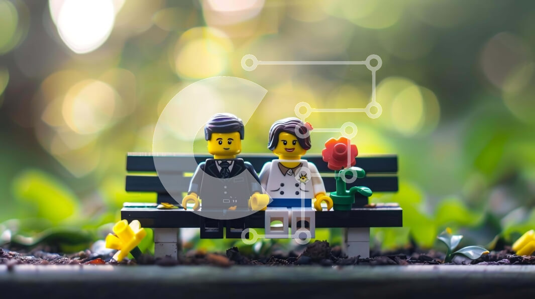 Intra Συλλεκτικό Ξύλινο Παζλ Plywood  4mm - Φιγούρες Lego με νυφικό σε πάγκο με λουλούδια Σε Ξύλινο Κουτί - Διαστάσεις Puzzle: 10x10 cm – 25 κομμάτια