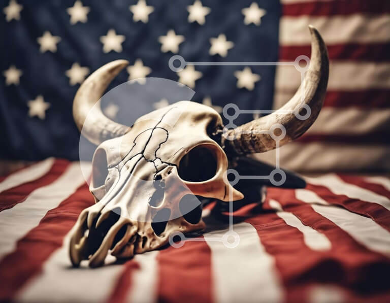 Intra Συλλεκτικό Ξύλινο Παζλ Plywood  4mm - Κρανίο ταύρου στην αμερικανική σημαία Σε Ξύλινο Κουτί - Διαστάσεις: 10x10 cm – 25 κομμάτια