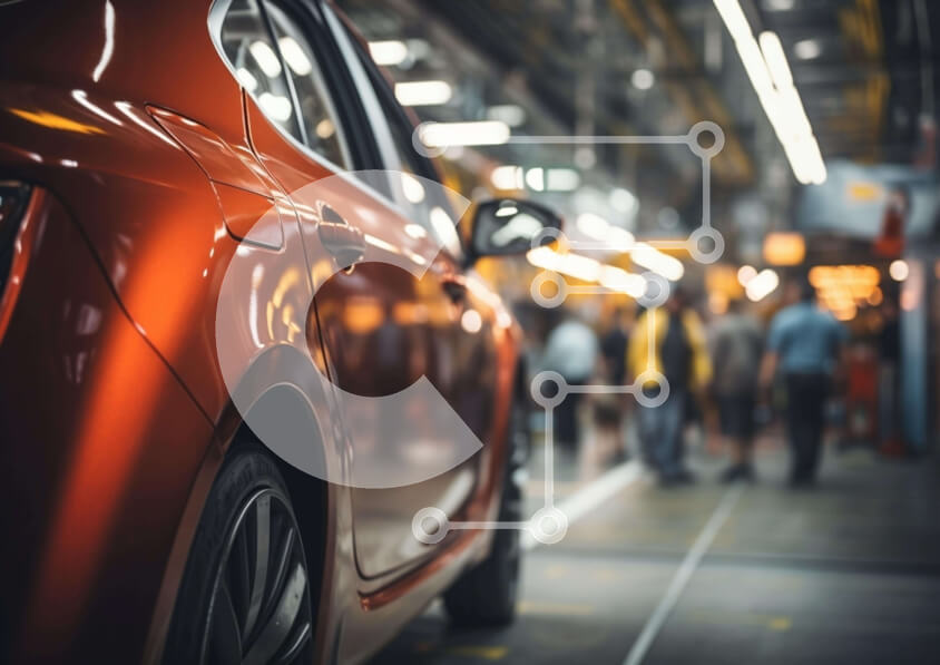 Intra Συλλεκτικό Ξύλινο Παζλ Plywood  4mm - Πορτοκαλί αυτοκίνητο στο εργοστάσιο με ανθρώπους Σε Ξύλινο Κουτί - Διαστάσεις Puzzle: 10x10 cm – 25 κομμάτια