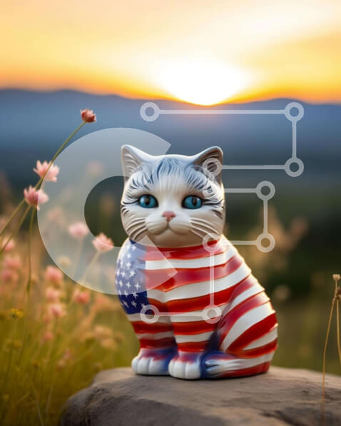 Intra Συλλεκτικό Ξύλινο Παζλ Plywood  4mm - Κεραμικό άγαλμα γάτας με σχέδιο αμερικανικής σημαίας Σε Ξύλινο Κουτί - Διαστάσεις: 10x10 cm – 25 κομμάτια