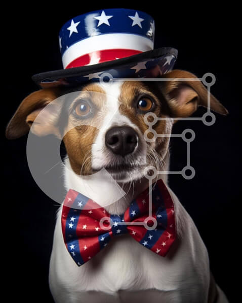 Intra Συλλεκτικό Ξύλινο Παζλ Plywood  4mm - Καφέ και λευκό σκυλί με καπέλο αμερικανικής σημαίας και παπιγιόν Σε Ξύλινο Κουτί - Διαστάσεις: 10x10 cm – 25 κομμάτια