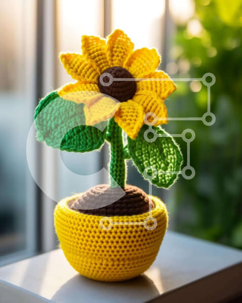 Σετ των 2 Intra Συλλεκτικό Ξύλινο Παζλ Plywood  4mm - Κροσέ ηλιοτρόπιο στο περβάζι παραθύρου Σε Ξύλινο Κουτί - Διαστάσεις: 10x10 cm – 25 κομμάτια