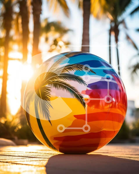 Intra Συλλεκτικό Ξύλινο Παζλ Plywood  4mm - Πολύχρωμη μπάλα παραλίας και φοίνικες Σε Ξύλινο Κουτί - Διαστάσεις: 10x10 cm – 25 κομμάτια