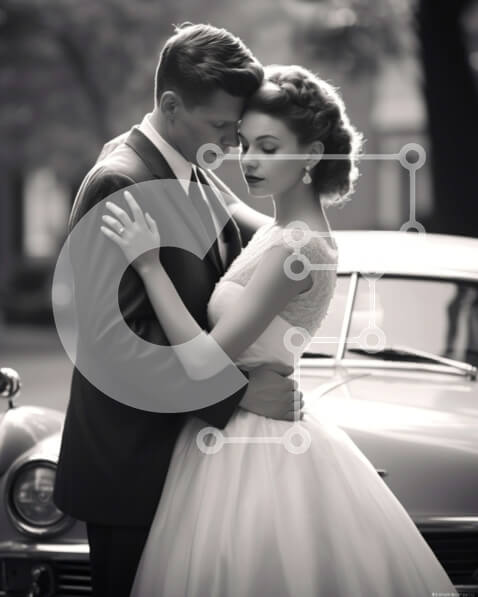 Intra Συλλεκτικό Ξύλινο Παζλ Plywood  4mm - Νεόνυμφο ζευγάρι αγκαλιάζεται μπροστά από vintage αυτοκίνητο Σε Ξύλινο Κουτί - Διαστάσεις: 10x10 cm – 25 κομμάτια