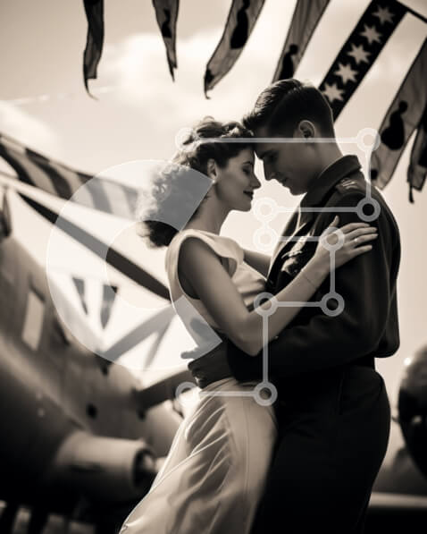 Intra Συλλεκτικό Ξύλινο Παζλ Plywood  4mm - Νεόνυμφο ζευγάρι αγκαλιάζεται μπροστά από ένα αεροπλάνο με σημαίες στο φόντο Σε Ξύλινο Κουτί - Διαστάσεις Puzzle: 10x10 cm – 25 κομμάτια