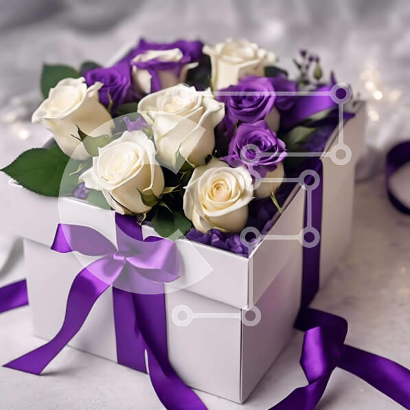 Σετ των 2 Intra Συλλεκτικό Ξύλινο Παζλ Plywood  4mm - Κομψή λουλουδένια σύνθεση με λευκό τριαντάφυλλο και μωβ κορδέλα Σε Ξύλινο Κουτί - Διαστάσεις: 10x10 cm – 25 κομμάτια