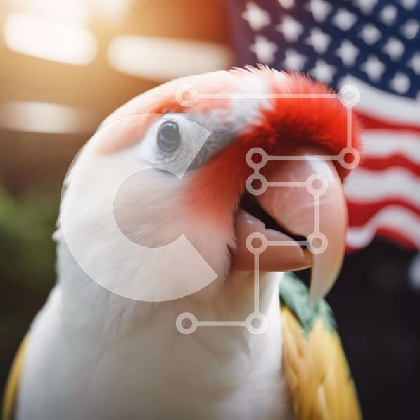 Intra Συλλεκτικό Ξύλινο Παζλ Plywood  4mm - Λευκός και κόκκινος παπαγάλος μπροστά από την αμερικανική σημαία Σε Ξύλινο Κουτί - Διαστάσεις: 10x10 cm – 25 κομμάτια