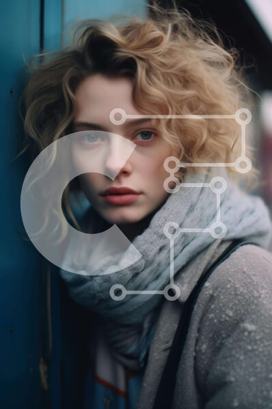 Intra Συλλεκτικό Ξύλινο Παζλ Plywood  4mm - Νεαρή γυναίκα με σγουρά ξανθά μαλλιά δίπλα στον μπλε τοίχο Σε Ξύλινο Κουτί - Διαστάσεις Puzzle: 10x10 cm – 25 κομμάτια