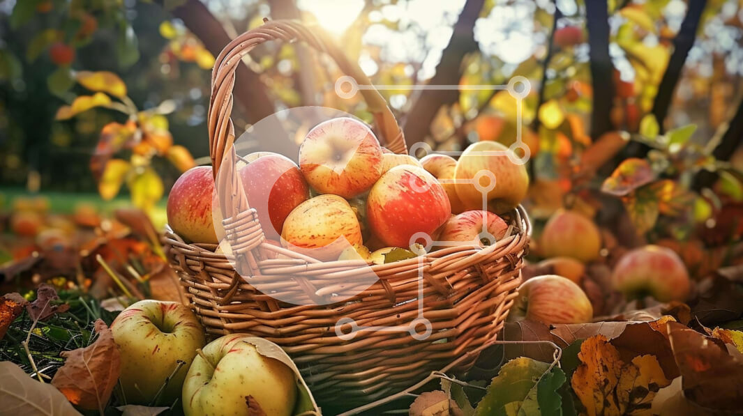 Intra Συλλεκτικό Ξύλινο Παζλ Plywood  4mm - Ψάθινο καλάθι με μήλα στο φθινοπωρινό δάσος Σε Ξύλινο Κουτί - Διαστάσεις: 10x10 cm – 25 κομμάτια