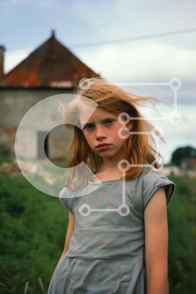 Intra Συλλεκτικό Ξύλινο Παζλ Plywood  4mm - Νεαρό κορίτσι μπροστά από το παλιό σπίτι Σε Ξύλινο Κουτί - Διαστάσεις Puzzle: 10x10 cm – 25 κομμάτια