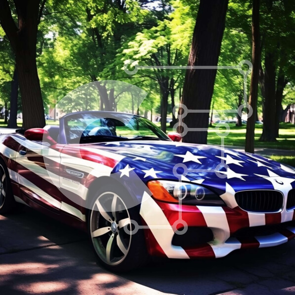 Intra Συλλεκτικό Ξύλινο Παζλ Plywood  4mm - Κόκκινο, λευκό και μπλε σπορ αυτοκίνητο με αμερικανική σημαία Σε Ξύλινο Κουτί - Διαστάσεις Puzzle: 10x10 cm – 25 κομμάτια