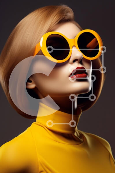 Intra Συλλεκτικό Ξύλινο Παζλ Plywood  4mm - Γυναίκα που φορά κίτρινα γυαλιά ηλίου σε κομψή στάση Σε Ξύλινο Κουτί - Διαστάσεις Puzzle: 10x10 cm – 25 κομμάτια