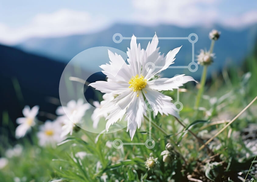 Intra Συλλεκτικό Ξύλινο Παζλ Plywood  4mm - Λευκό λουλούδι σε χορταριασμένο χωράφι με βουνά Σε Ξύλινο Κουτί - Διαστάσεις: 10x10 cm – 25 κομμάτια