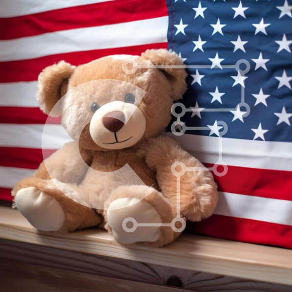 Intra Συλλεκτικό Ξύλινο Παζλ Plywood  4mm - Αρκουδάκι με αμερικανική σημαία σε ξύλινο ράφι Σε Ξύλινο Κουτί - Διαστάσεις: 10x10 cm – 25 κομμάτια