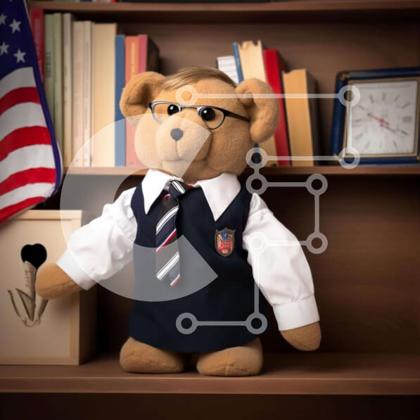 Intra Συλλεκτικό Ξύλινο Παζλ Plywood  4mm - Αρκουδάκι με σχολική στολή σε ράφια με αμερικανική σημαία Σε Ξύλινο Κουτί - Διαστάσεις Puzzle: 10x10 cm – 25 κομμάτια