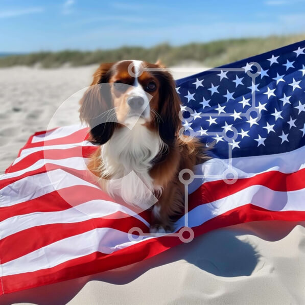 Intra Συλλεκτικό Ξύλινο Παζλ Plywood  4mm - Καφέ σκυλί που κάθεται στην αμερικανική σημαία στην παραλία Σε Ξύλινο Κουτί - Διαστάσεις: 10x10 cm – 25 κομμάτια