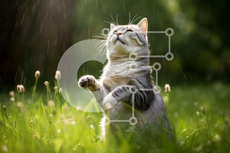 Σετ των 2 Intra Συλλεκτικό Ξύλινο Παζλ Plywood  4mm - Γκρι και λευκή γάτα που απολαμβάνει τον βροχερό καιρό Σε Ξύλινο Κουτί - Διαστάσεις: 10x10 cm – 25 κομμάτια