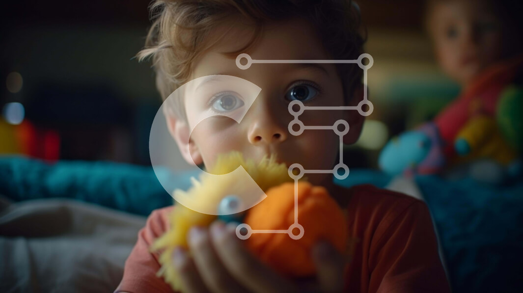 Intra Συλλεκτικό Ξύλινο Παζλ Plywood  4mm - Νεαρό αγόρι που παίζει με πορτοκαλί γεμιστό ζώο Σε Ξύλινο Κουτί - Διαστάσεις Puzzle: 10x10 cm – 25 κομμάτια