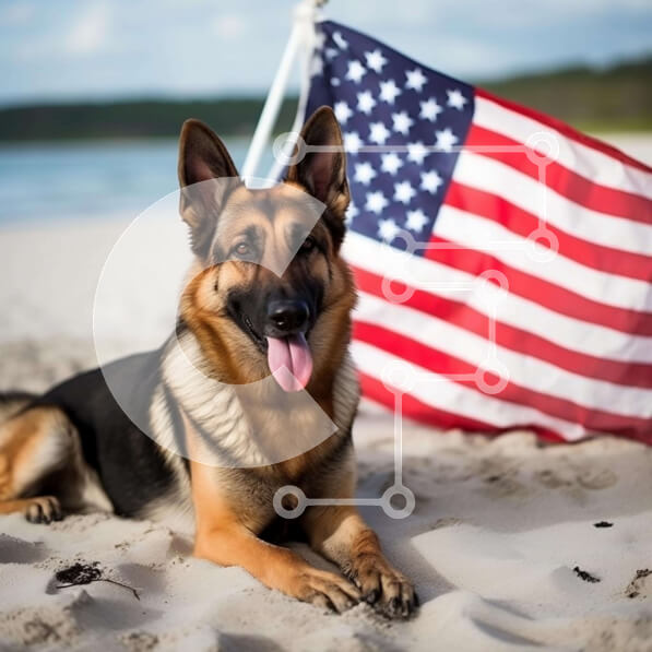 Intra Συλλεκτικό Ξύλινο Παζλ Plywood  4mm - Γερμανικός Ποιμενικός στην παραλία με την αμερικανική σημαία Σε Ξύλινο Κουτί - Διαστάσεις: 10x10 cm – 25 κομμάτια