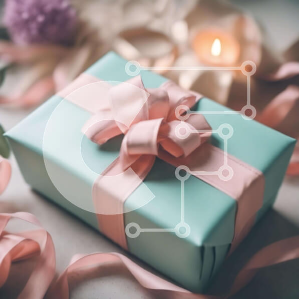 Intra Συλλεκτικό Ξύλινο Παζλ Plywood  4mm - Τυρκουάζ Κουτί δώρου με ροζ κορδέλες και λουλούδια Σε Ξύλινο Κουτί - Διαστάσεις Puzzle: 10x10 cm – 25 κομμάτια