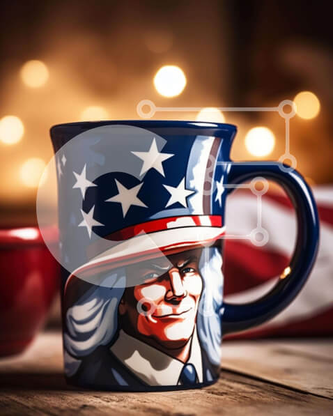 Intra Συλλεκτικό Ξύλινο Παζλ Plywood  4mm - Κούπα καφέ με σημαία Ηνωμένων Πολιτειών και Πατριωτικό καπέλο Σε Ξύλινο Κουτί - Διαστάσεις: 10x10 cm – 25 κομμάτια