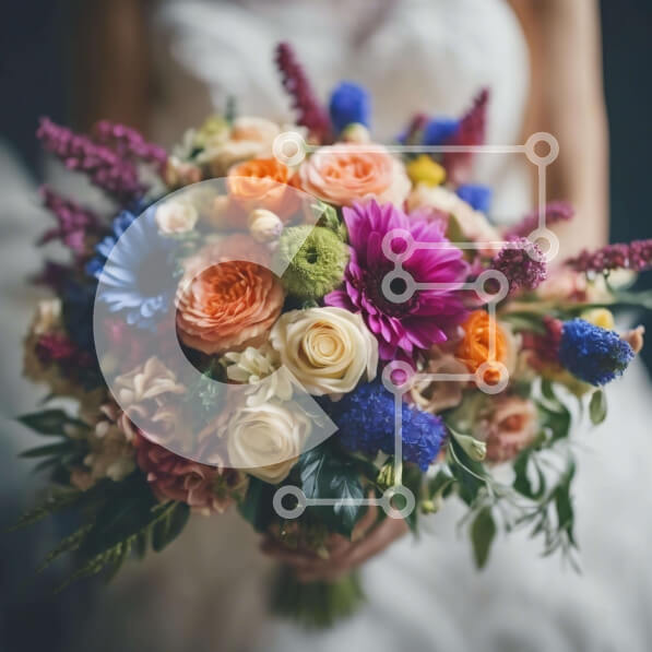 Intra Συλλεκτικό Ξύλινο Παζλ Plywood  4mm - Νύφη που κρατά πολύχρωμη ανθοδέσμη την ημέρα του γάμου Σε Ξύλινο Κουτί - Διαστάσεις Puzzle: 10x10 cm – 25 κομμάτια