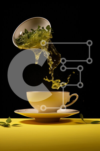 Σετ των 2 Intra Συλλεκτικό Ξύλινο Παζλ Plywood  4mm - Φλιτζάνι πράσινου τσαγιού με φύλλα σε κίτρινο τραπέζι Σε Ξύλινο Κουτί - Διαστάσεις: 10x10 cm – 25 κομμάτια