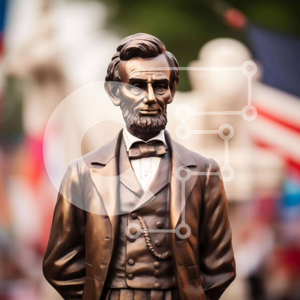 Intra Συλλεκτικό Ξύλινο Παζλ Plywood  4mm - Χάλκινο άγαλμα του Αβραάμ Λίνκολν μπροστά από την αμερικανική σημαία Σε Ξύλινο Κουτί - Διαστάσεις Puzzle: 10x10 cm – 25 κομμάτια