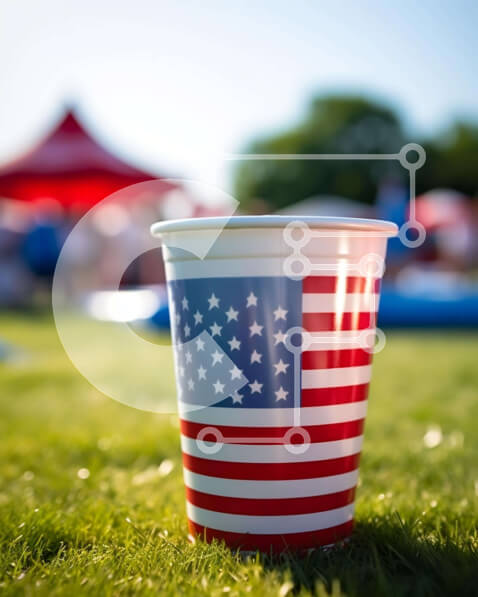 Intra Συλλεκτικό Ξύλινο Παζλ Plywood  4mm - Χάρτινο κύπελλο αμερικανικής σημαίας στο γρασίδι με σκηνές και ανθρώπους Σε Ξύλινο Κουτί - Διαστάσεις: 10x10 cm – 25 κομμάτια