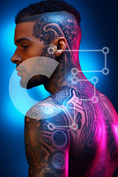 Intra Συλλεκτικό Ξύλινο Παζλ Plywood  4mm - Άνδρας με περίπλοκα τατουάζ στην πλάτη, τους ώμους και το στήθος Σε Ξύλινο Κουτί - Διαστάσεις Puzzle: 10x10 cm – 25 κομμάτια