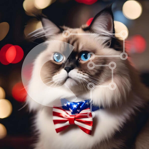 Intra Συλλεκτικό Ξύλινο Παζλ Plywood  4mm - Γάτα με παπιγιόν με αμερικανική σημαία και μπλε μάτια Σε Ξύλινο Κουτί - Διαστάσεις: 10x10 cm – 25 κομμάτια