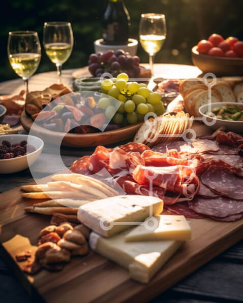 Σετ των 2 Intra Συλλεκτικό Ξύλινο Παζλ Plywood  4mm - Τραπεζαρία εξωτερικού χώρου με τυρί, κρέας, φρούτα, ξηρούς καρπούς και κρασί Σε Ξύλινο Κουτί - Διαστάσεις: 10x10 cm – 25 κομμάτια