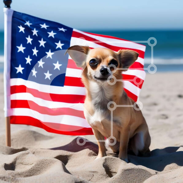 Intra Συλλεκτικό Ξύλινο Παζλ Plywood  4mm - Ευτυχισμένος σκύλος στην παραλία με αμερικανική σημαία Σε Ξύλινο Κουτί - Διαστάσεις: 10x10 cm – 25 κομμάτια