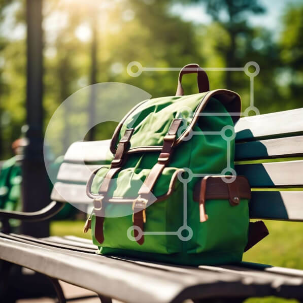 Intra Συλλεκτικό Ξύλινο Παζλ Plywood  4mm - Πράσινο σακίδιο πλάτης που στηρίζεται στον πάγκο στο πάρκο Σε Ξύλινο Κουτί - Διαστάσεις Puzzle: 10x10 cm – 25 κομμάτια