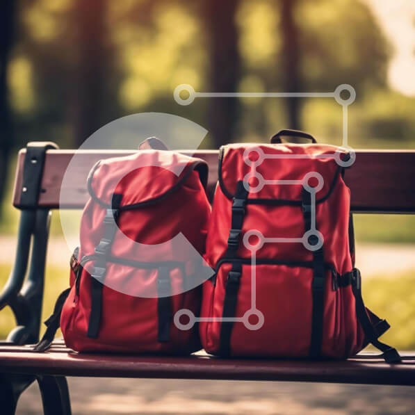 Intra Συλλεκτικό Ξύλινο Παζλ Plywood  4mm - Δύο κόκκινα σακίδια πλάτης σε έναν ξύλινο πάγκο στο πάρκο Σε Ξύλινο Κουτί - Διαστάσεις Puzzle: 10x10 cm – 25 κομμάτια