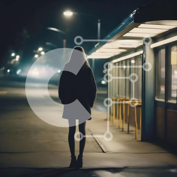 Intra Συλλεκτικό Ξύλινο Παζλ Plywood  4mm - Γυναίκα στη νυχτερινή στάση λεωφορείου Σε Ξύλινο Κουτί - Διαστάσεις Puzzle: 10x10 cm – 25 κομμάτια