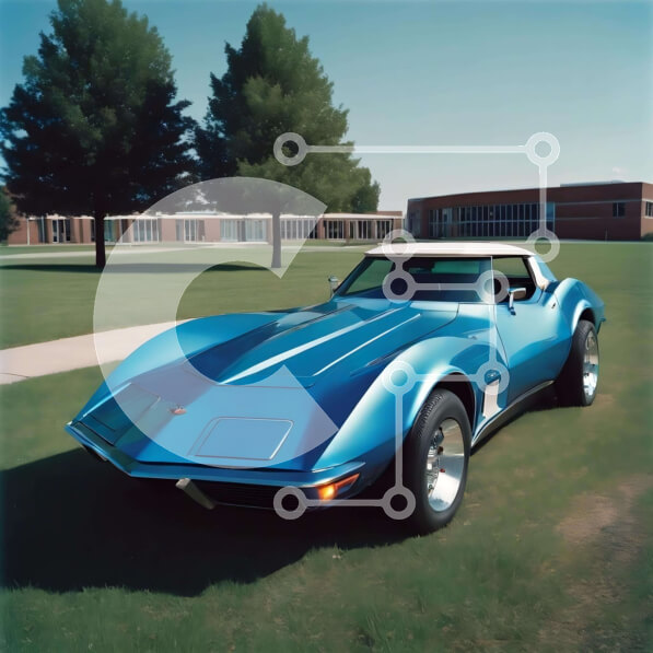 Intra Συλλεκτικό Ξύλινο Παζλ Plywood  4mm - Μπλε σπορ αυτοκίνητο σταθμευμένο σε χορταριασμένο χωράφι με δέντρα και κτίρια Σε Ξύλινο Κουτί - Διαστάσεις Puzzle: 10x10 cm – 25 κομμάτια